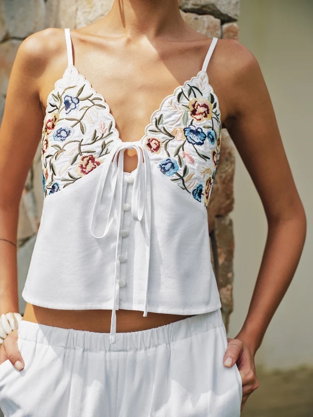 Abercrombie & Fitch White Cami with Blue and Brown Floral Embroidery - Picture 2 of 5